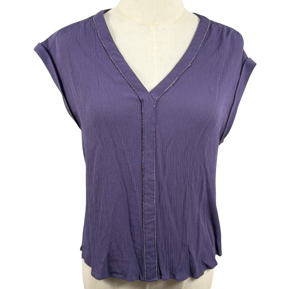 Lightweight Womens XS Blouse Purple V-Neck Cap Sleeve Metallic Trim High-Low Hem